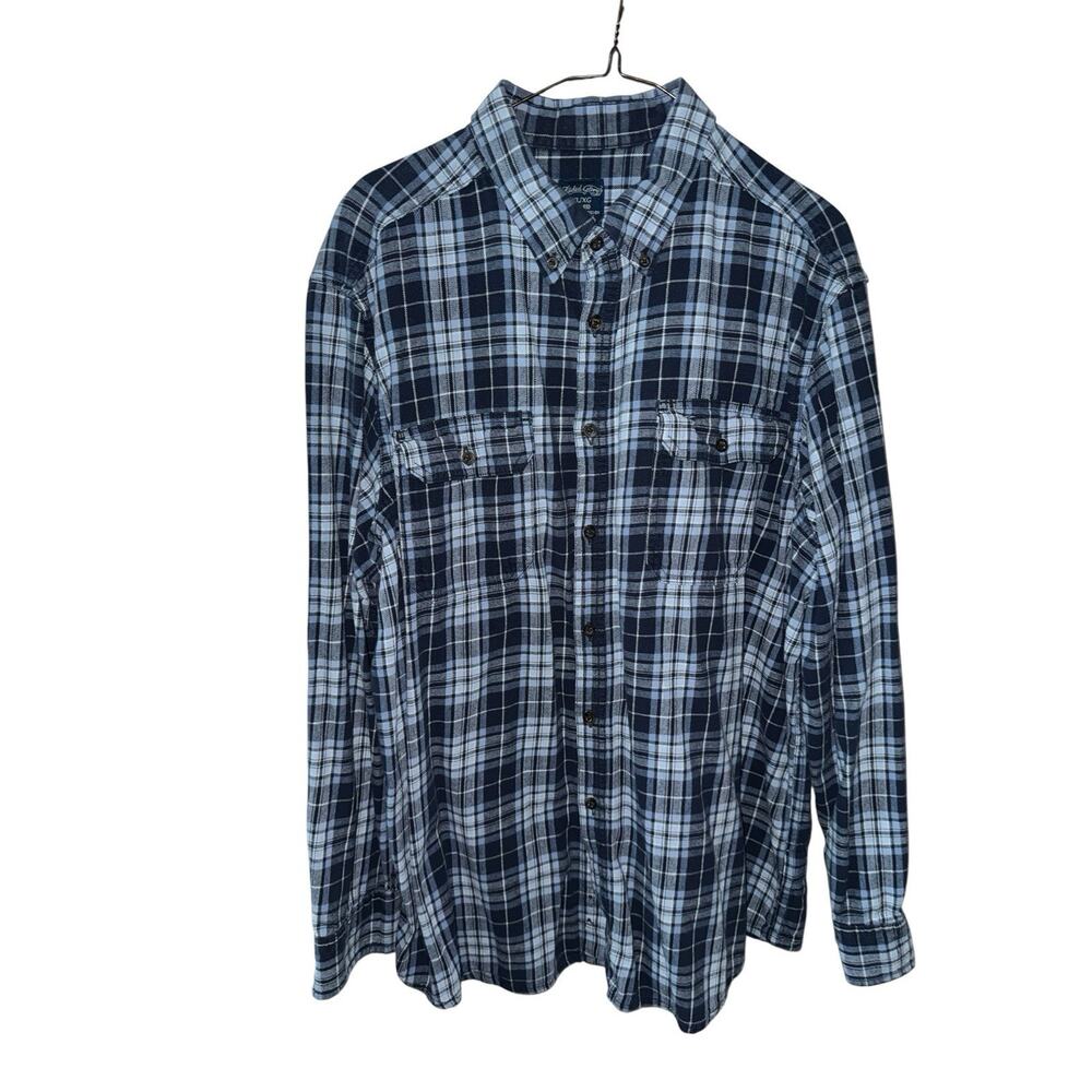 Faded Glory Flannel Shirt XL Plaid Blue Gray Button Front Cotton Long Sleeve